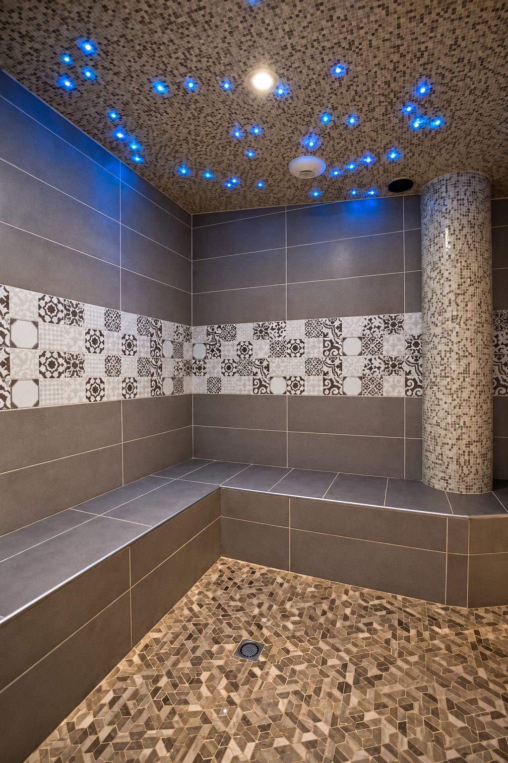 Intérieur d'un hammam aux murs carrelés gris avec une frise à motifs, des banquettes, un sol en mosaïque et un plafond orné de petites lumières bleues.