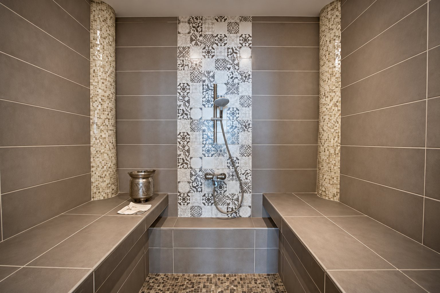 Un hammam aux murs de carreaux gris-brun, avec deux bancs, une douche et une bande centrale de carreaux décorés à motifs.